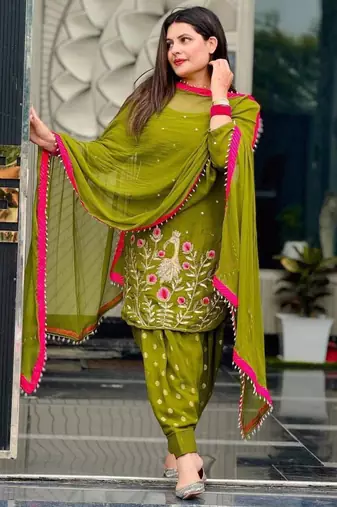 Olive faux georgette embroidered salwar kameez
