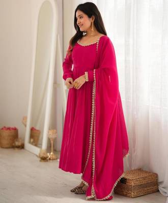 Hot-pink chanderi embroidered flared gown set 1