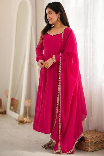 Hot-pink chanderi embroidered flared gown set