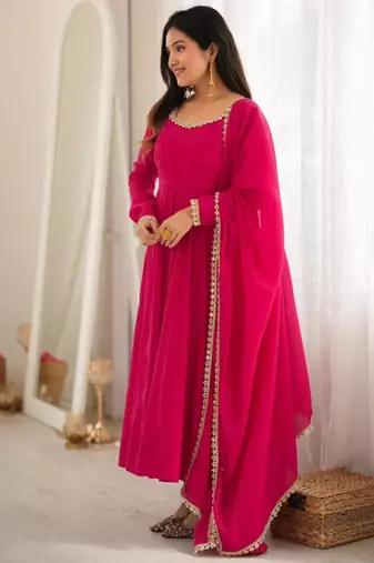 Hot-pink chanderi embroidered flared gown set