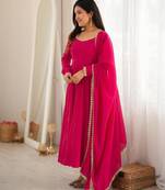 Hot-pink chanderi embroidered flared gown set