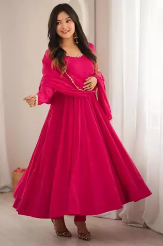 Hot-pink chanderi embroidered flared gown set
