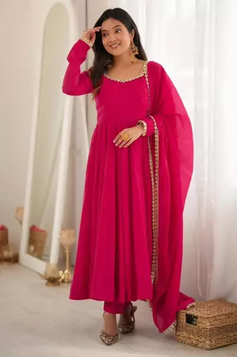 Hot-pink chanderi embroidered flared gown set