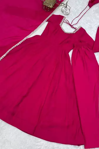 Hot-pink chanderi embroidered flared gown set
