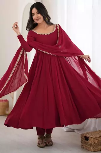 Maroon chanderi embroidered flared gown set