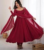 Maroon chanderi embroidered flared gown set