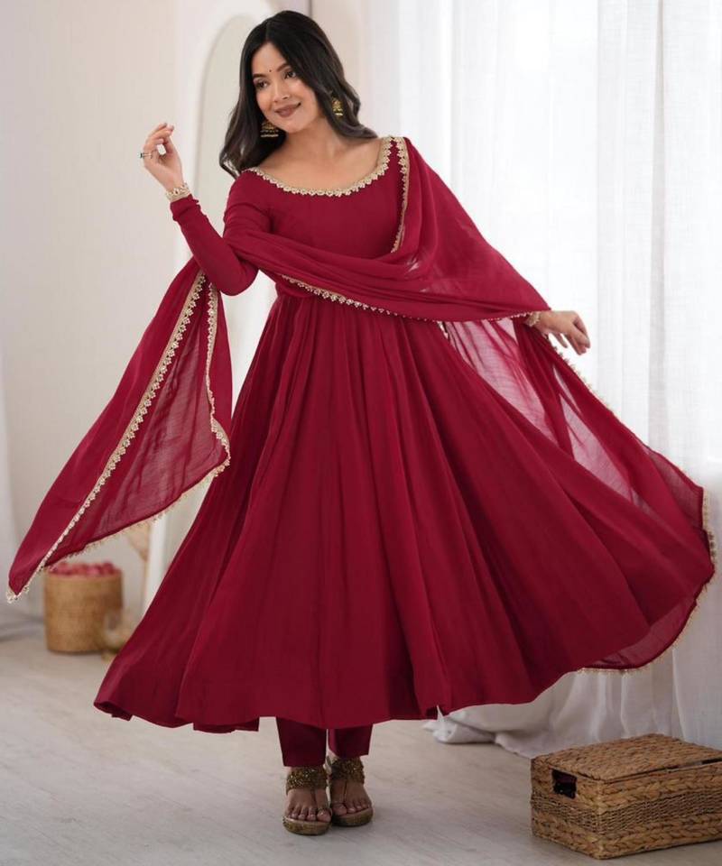 Maroon chanderi embroidered flared gown set