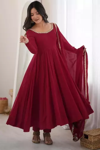 Maroon chanderi embroidered flared gown set