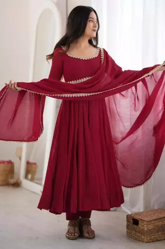 Maroon chanderi embroidered flared gown set