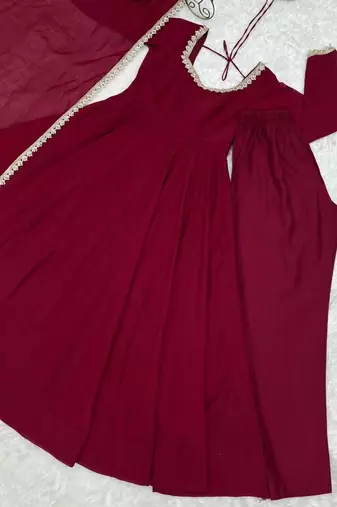 Maroon chanderi embroidered flared gown set