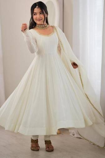 Off-white chanderi embroidered flared gown set