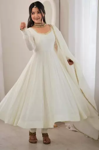 Off-white chanderi embroidered flared gown set