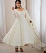 Off-white chanderi embroidered flared gown set