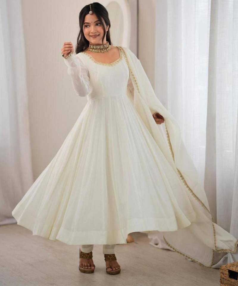 Off-white chanderi embroidered flared gown set