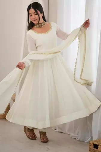 Off-white chanderi embroidered flared gown set