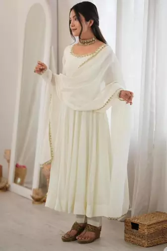 Off-white chanderi embroidered flared gown set