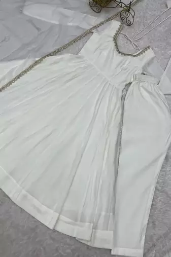Off-white chanderi embroidered flared gown set