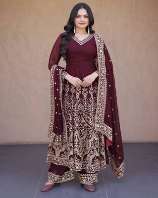 Wine faux georgette embroidered salwar kameez 1
