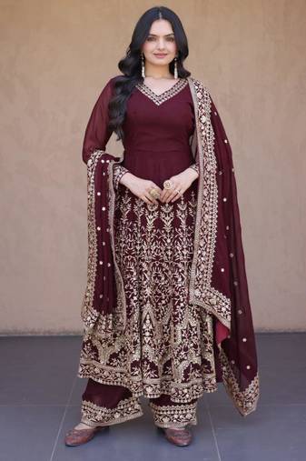 Wine faux georgette embroidered salwar kameez