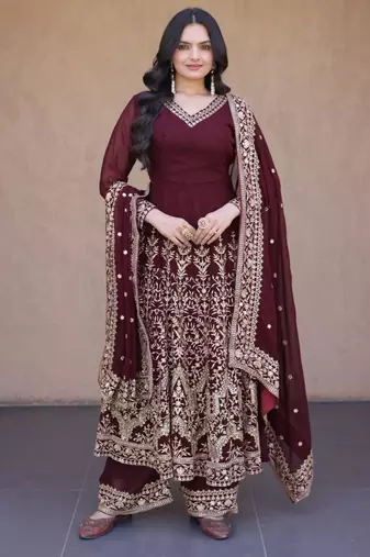 Wine faux georgette embroidered salwar kameez