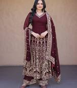 Wine faux georgette embroidered salwar kameez