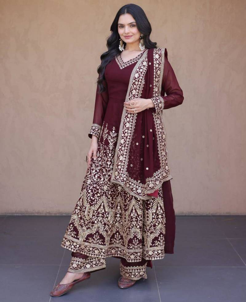 Wine faux georgette embroidered salwar kameez