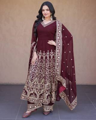 Wine faux georgette embroidered salwar kameez 3