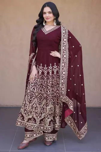 Wine faux georgette embroidered salwar kameez