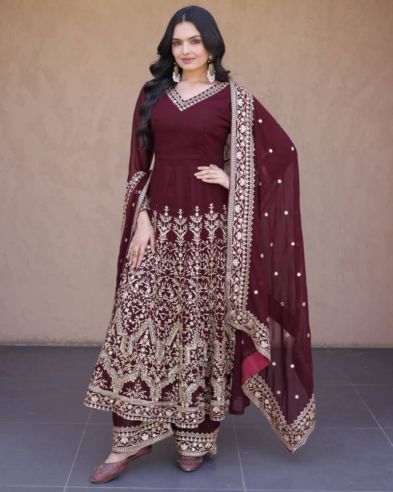 Wine faux georgette embroidered salwar kameez