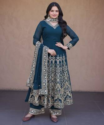 Teal faux georgette embroidered salwar kameez 1
