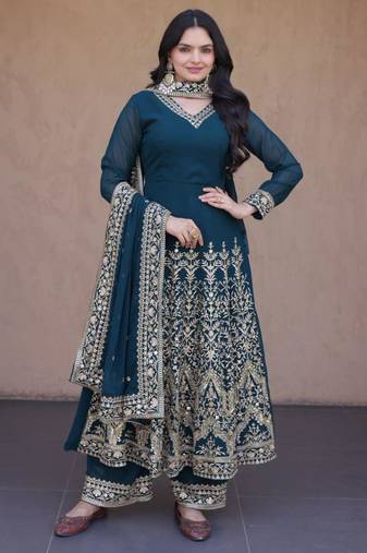 Teal faux georgette embroidered salwar kameez