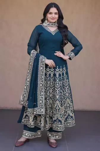 Teal faux georgette embroidered salwar kameez