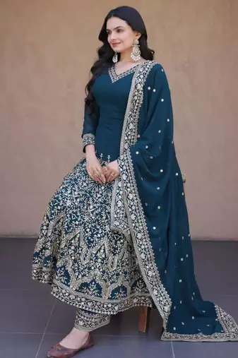 Teal faux georgette embroidered salwar kameez