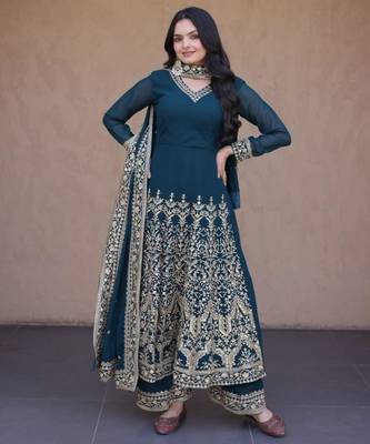 Teal faux georgette embroidered salwar kameez 3