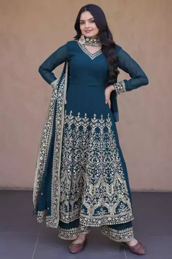 Teal faux georgette embroidered salwar kameez