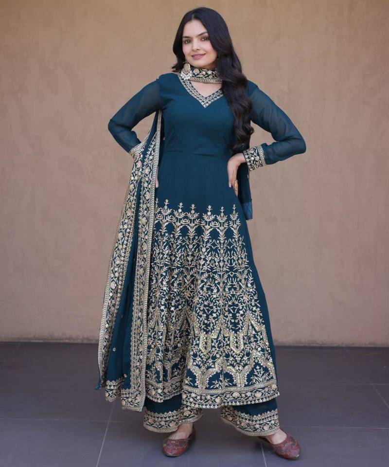 Teal faux georgette embroidered salwar kameez