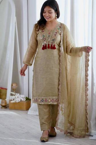 Beige faux georgette embroidered salwar kameez