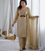 Beige faux georgette embroidered salwar kameez