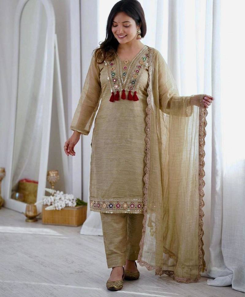 Beige faux georgette embroidered salwar kameez
