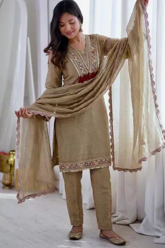 Beige faux georgette embroidered salwar kameez