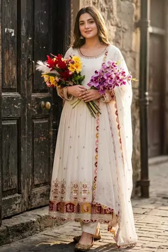 White faux georgette embroidered flared gown set