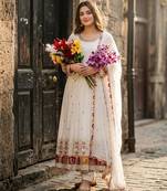 White faux georgette embroidered flared gown set