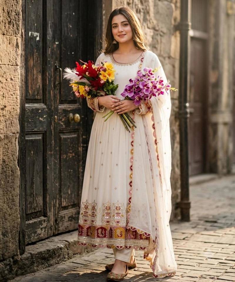 White faux georgette embroidered flared gown set