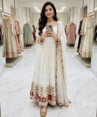 White faux georgette embroidered flared gown set 2