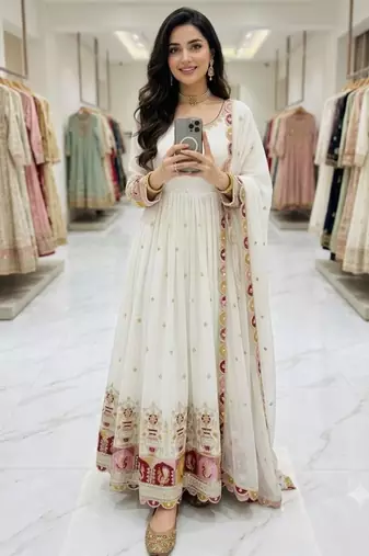 White faux georgette embroidered flared gown set