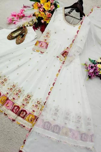 White faux georgette embroidered flared gown set