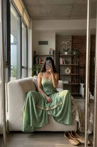 Light-green silk blend embroidered palazzo set