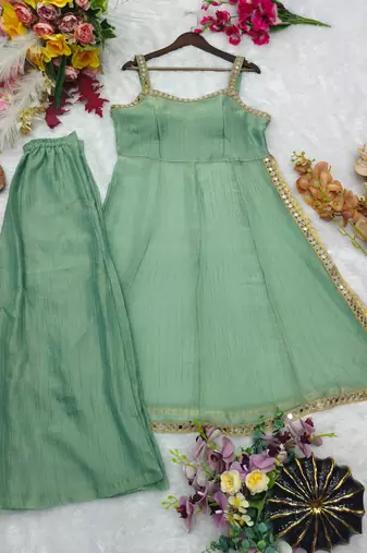 Light-green silk blend embroidered palazzo set
