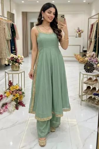 Light-green silk blend embroidered palazzo set