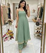 Light-green silk blend embroidered palazzo set